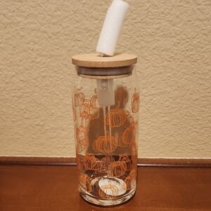 Glass Pumpkin Print Tumbler with Straw